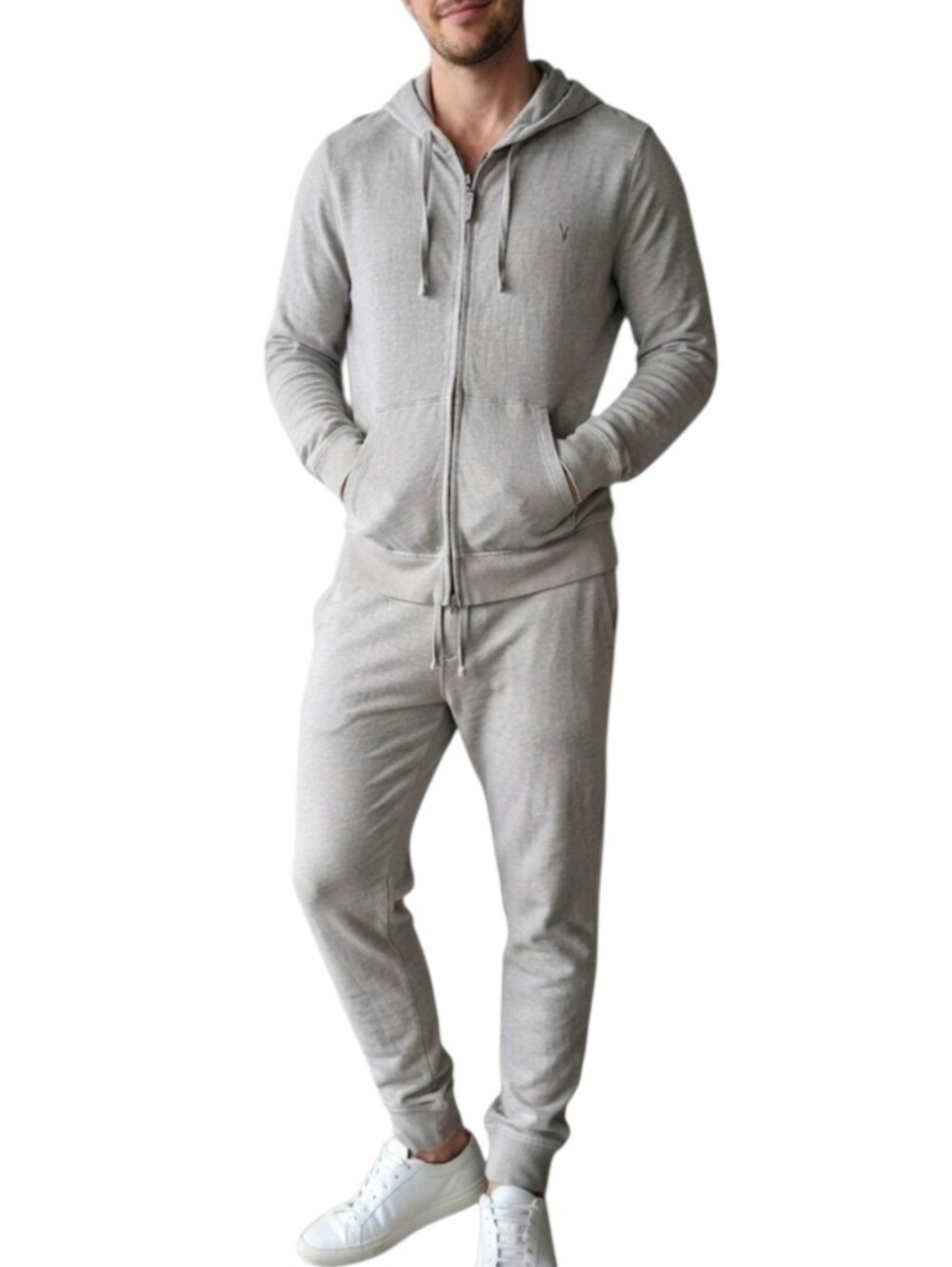 AllSaints Men's Grey Full-Zip Hoodie and Sweatpants Set Size Medium